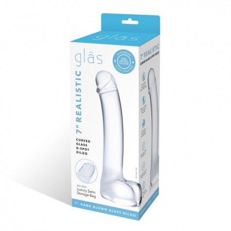 Прозрачный стеклянный фаллос с мошонкой Curved G-Spot - 18 см.